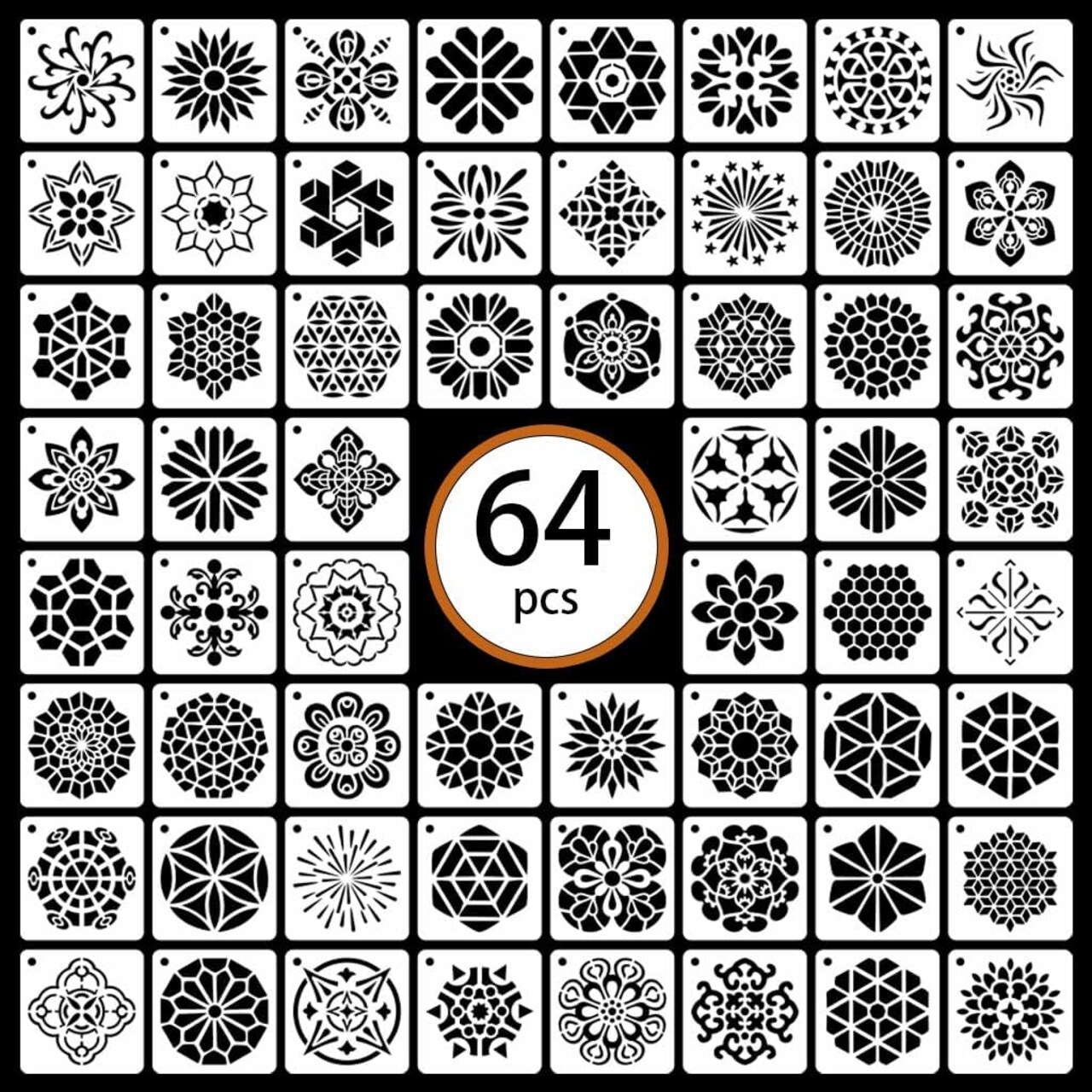 64-Pack Small Mandala Stencils – Reusable 3-Inch Plastic Templates for DIY Painting on Rocks, Wood, Walls, Floors, Canvas & Home Decor
